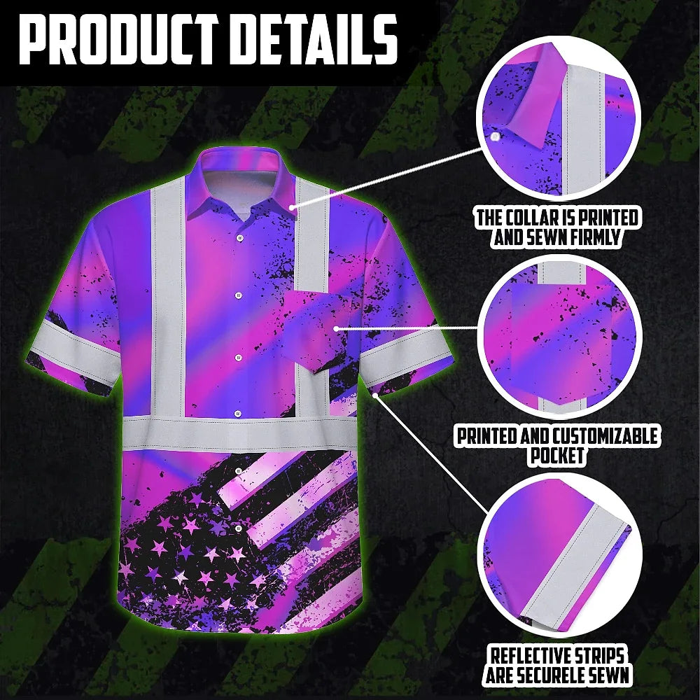 Hi Vis Hawaiian Shirt Reflective Hologram US Flag Paint Safety Workwear For Worker