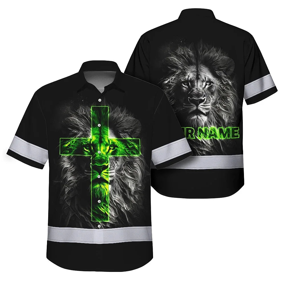 Hi Vis Hawaiian Shirt Reflective Jesus 6 Custom Name Safety Workwear For Truckers, Workers, Operator, Cyclists, Patriotic