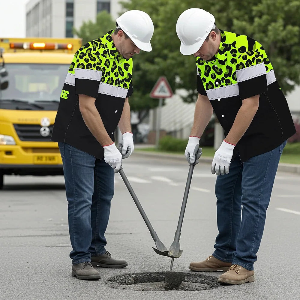 Hi Vis Hawaiian Shirt Reflective Leopard Custom Name Safety Workwear For Workers, Truckers, Operators