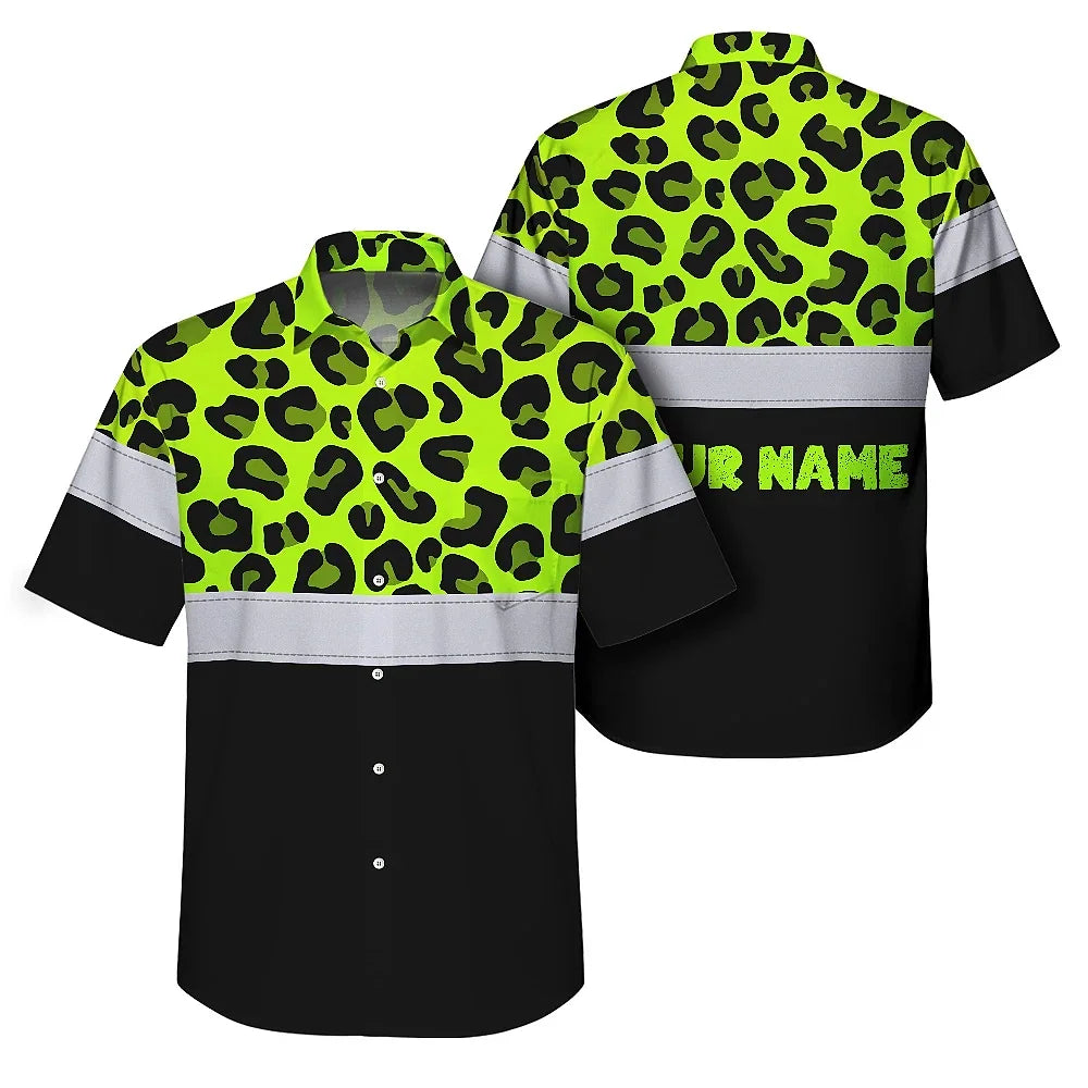 Hi Vis Hawaiian Shirt Reflective Leopard Custom Name Safety Workwear For Workers, Truckers, Operators