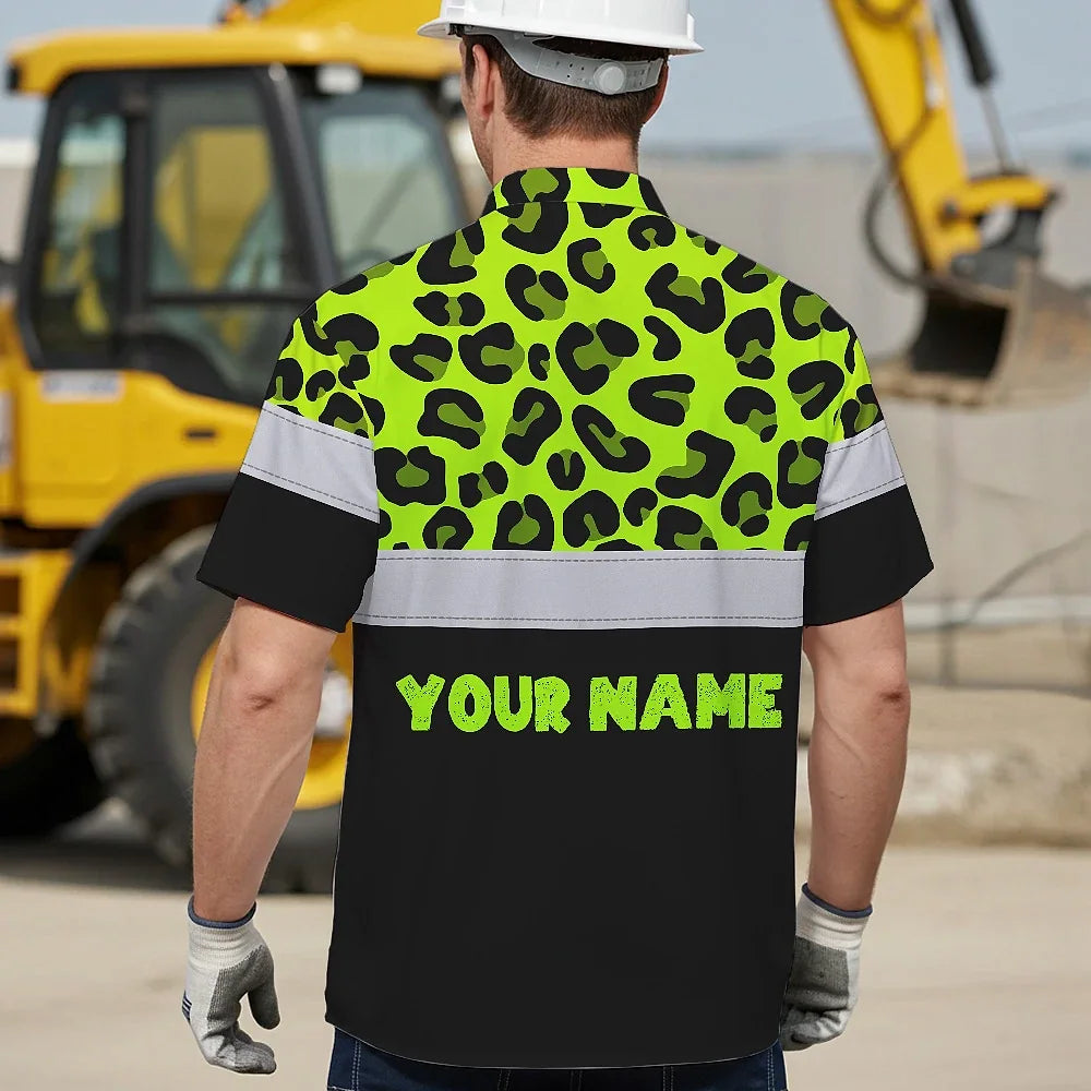 Hi Vis Hawaiian Shirt Reflective Leopard Custom Name Safety Workwear For Workers, Truckers, Operators