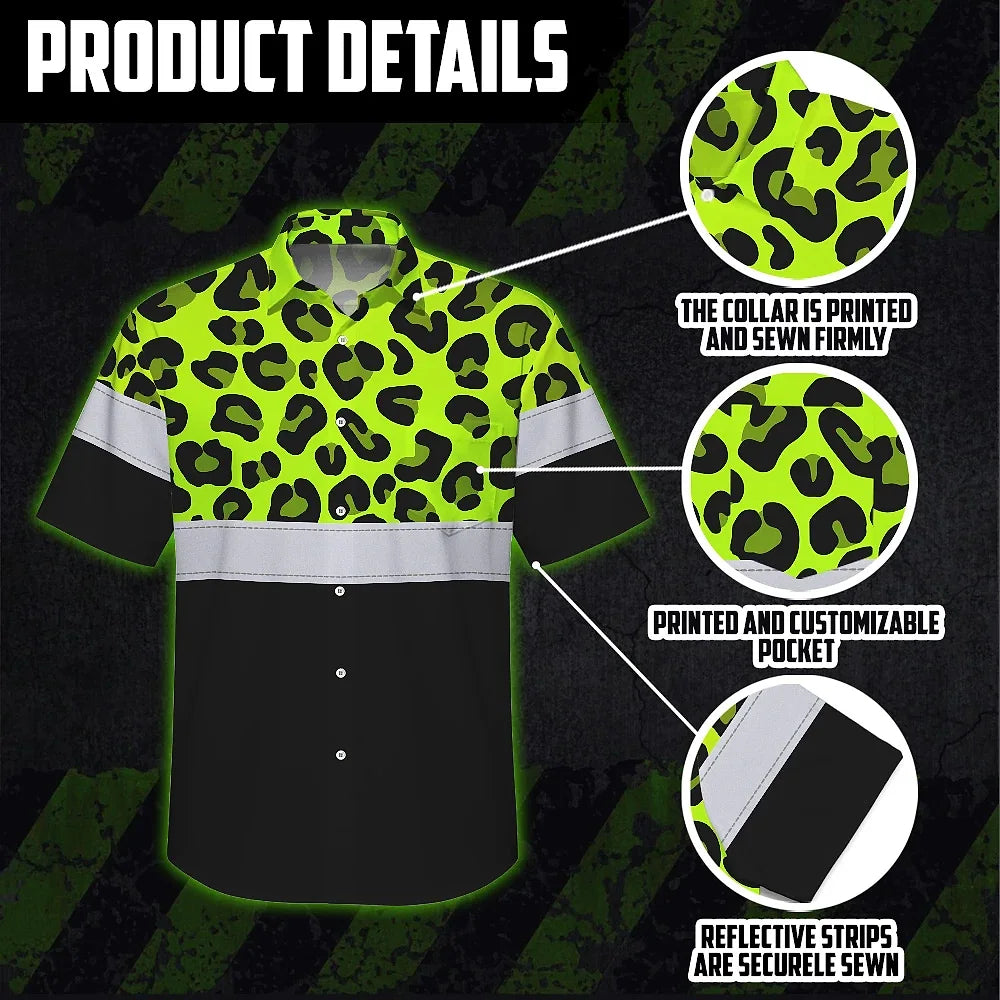 Hi Vis Hawaiian Shirt Reflective Leopard Custom Name Safety Workwear For Workers, Truckers, Operators