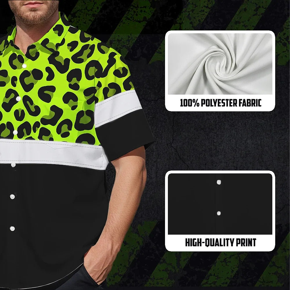 Hi Vis Hawaiian Shirt Reflective Leopard Custom Name Safety Workwear For Workers, Truckers, Operators