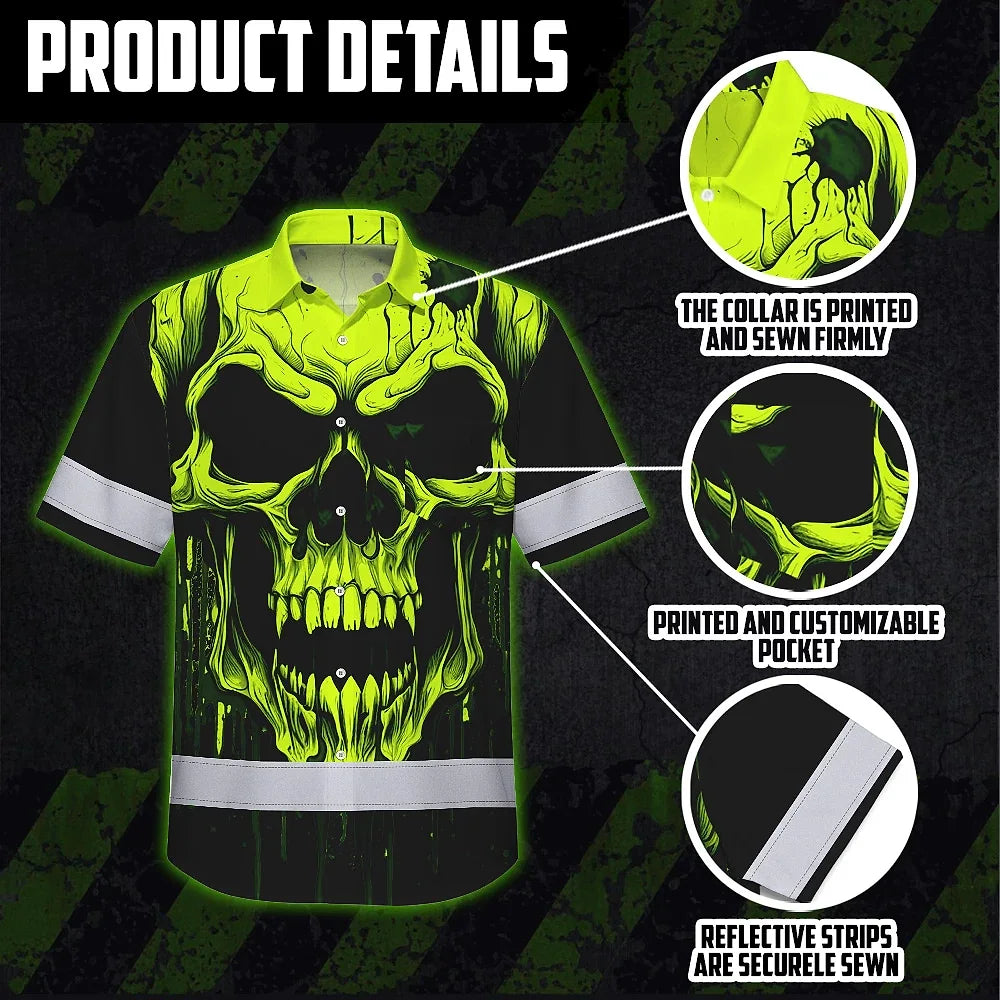 Hi Vis Hawaiian Shirt Reflective Lime Neon Skull Custom Name Safety Workwear For Runners, Cyclists, Skull Lover