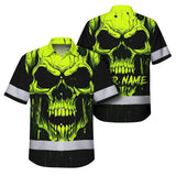 Hi Vis Hawaiian Shirt Reflective Lime Neon Skull Custom Name Safety Workwear For Runners, Cyclists, Skull Lover