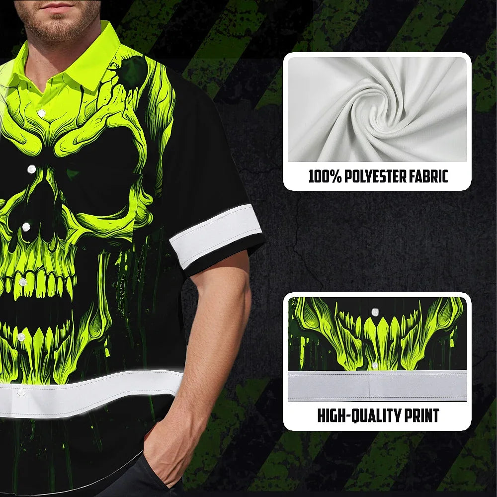Hi Vis Hawaiian Shirt Reflective Lime Neon Skull Custom Name Safety Workwear For Runners, Cyclists, Skull Lover