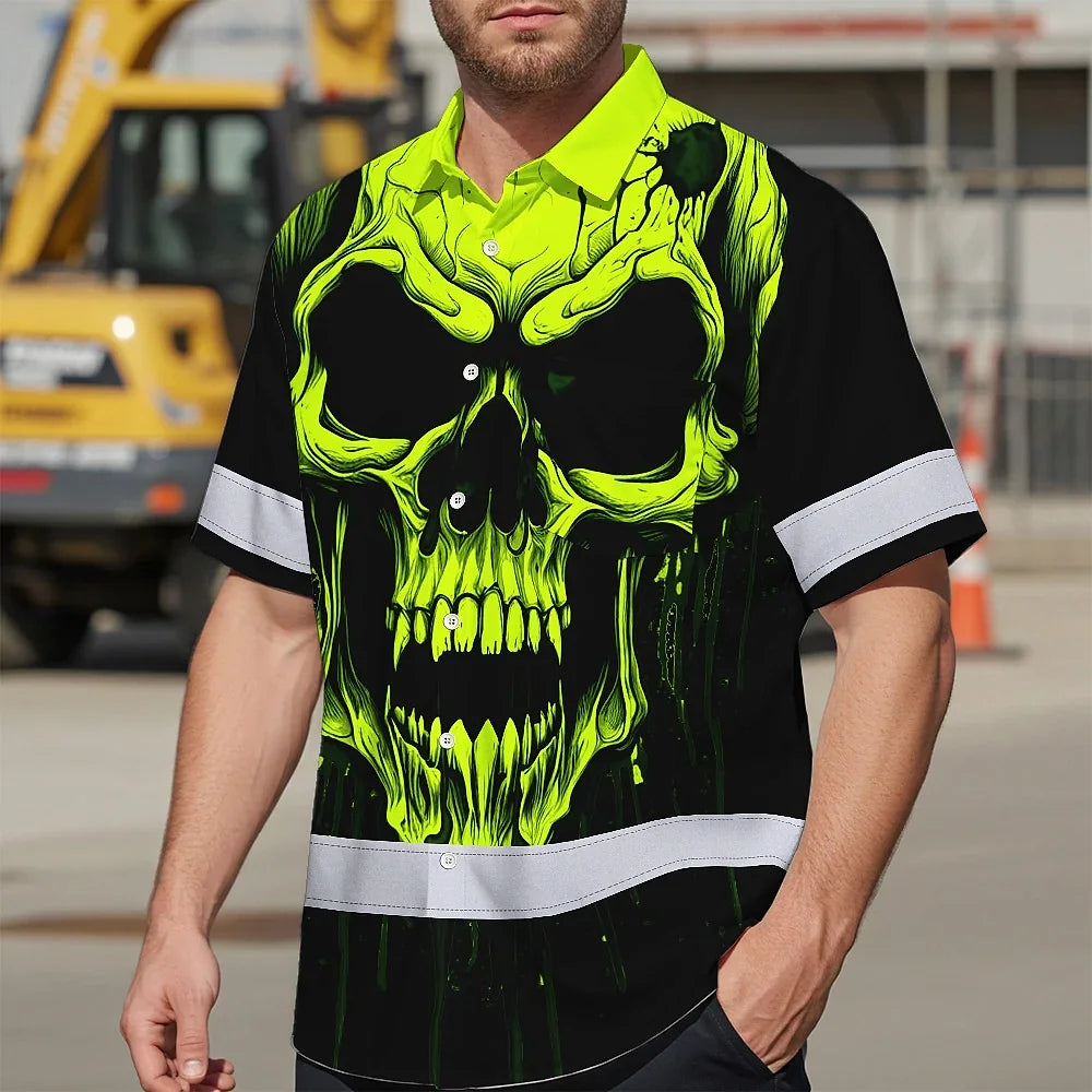 Hi Vis Hawaiian Shirt Reflective Lime Neon Skull Custom Name Safety Workwear For Runners, Cyclists, Skull Lover