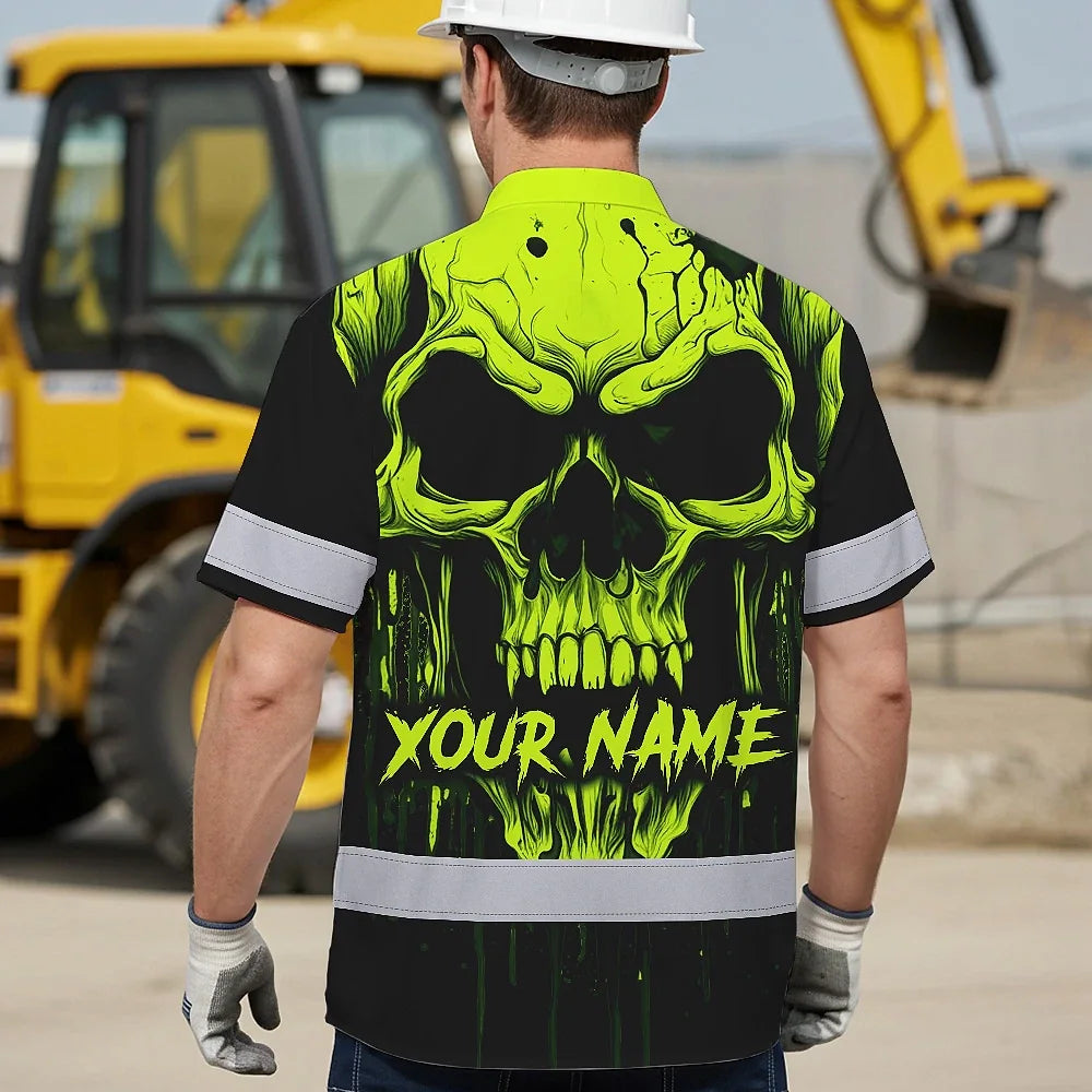 Hi Vis Hawaiian Shirt Reflective Lime Neon Skull Custom Name Safety Workwear For Runners, Cyclists, Skull Lover