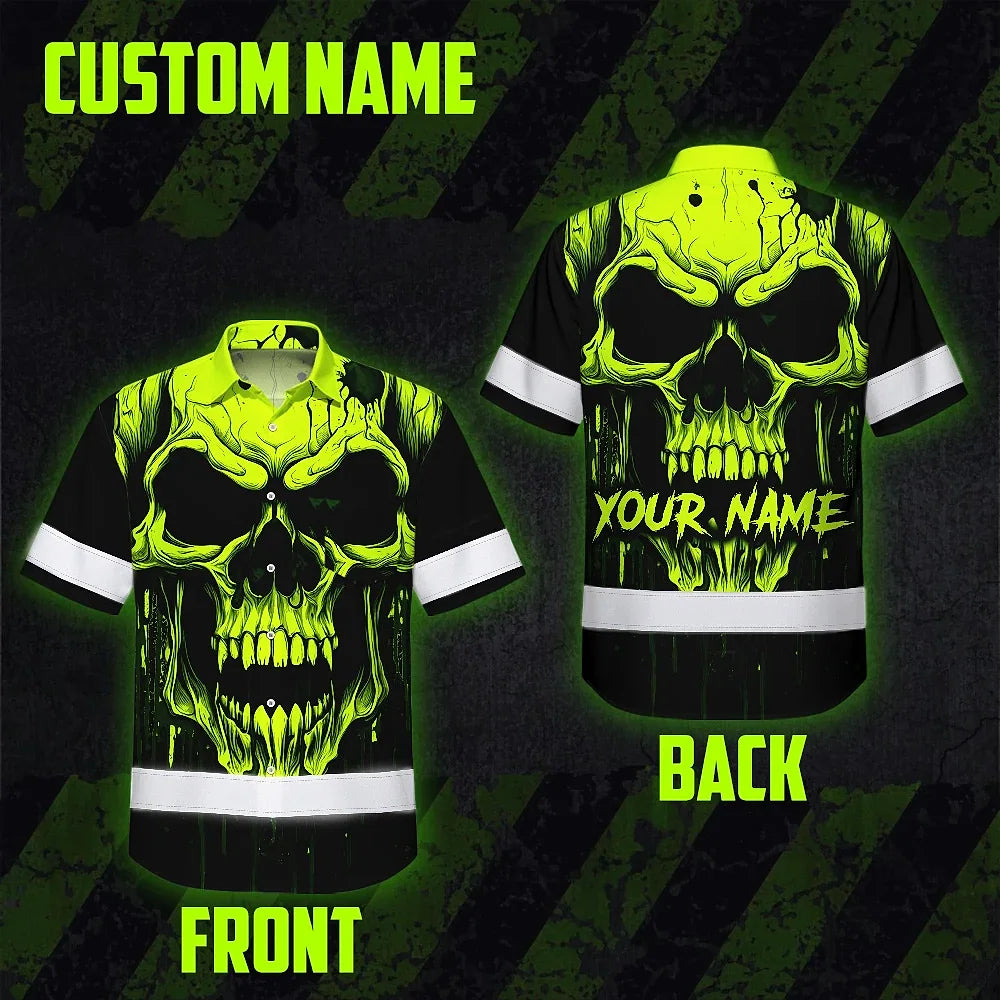 Hi Vis Hawaiian Shirt Reflective Lime Neon Skull Custom Name Safety Workwear For Runners, Cyclists, Skull Lover