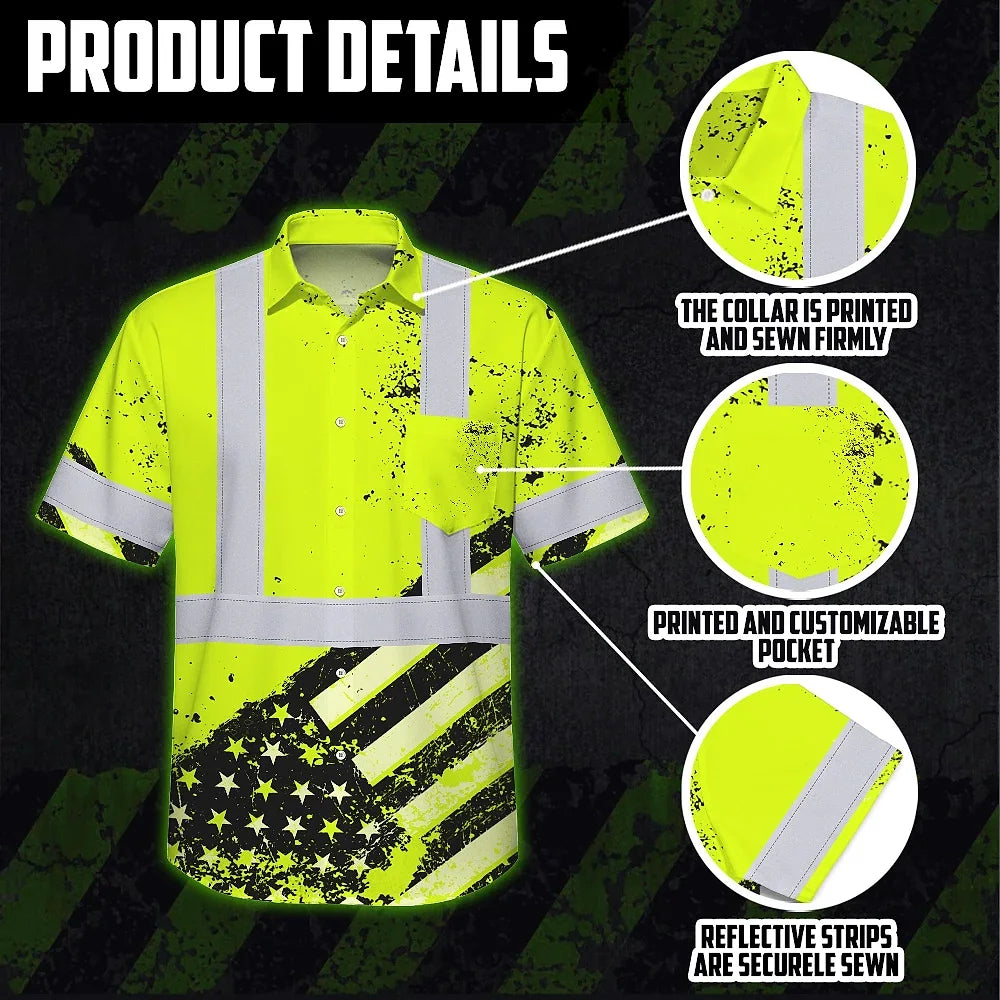 Hi Vis Hawaiian Shirt Reflective Lime US Flag Paint Safety Workwear