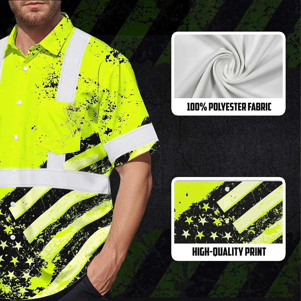 Hi Vis Hawaiian Shirt Reflective Lime US Flag Paint Safety Workwear