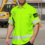 Hi Vis Hawaiian Shirt Reflective Lime USA Flag Safety Workwear For Workers, Truckers, Operators