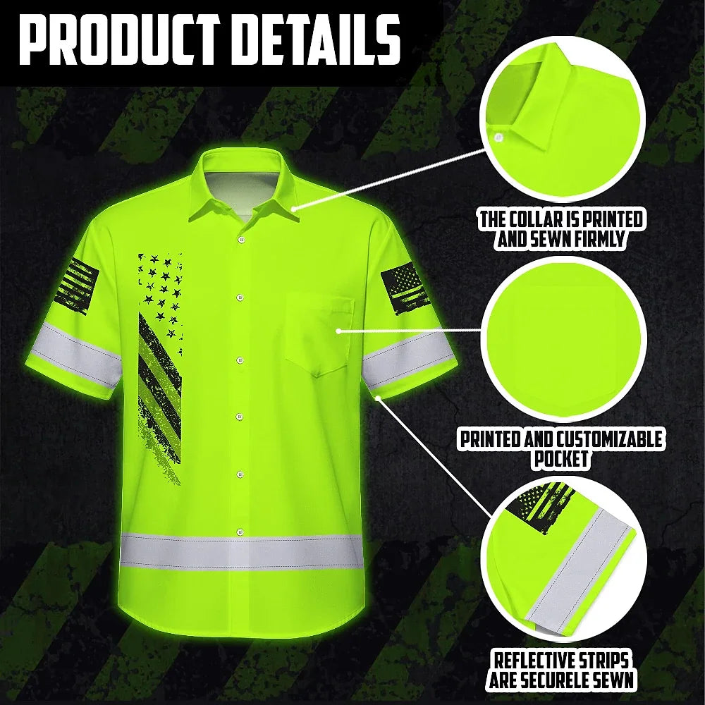 Hi Vis Hawaiian Shirt Reflective Lime USA Flag Safety Workwear For Workers, Truckers, Operators