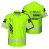 Hi Vis Hawaiian Shirt Reflective Lime USA Flag Safety Workwear For Workers, Truckers, Operators