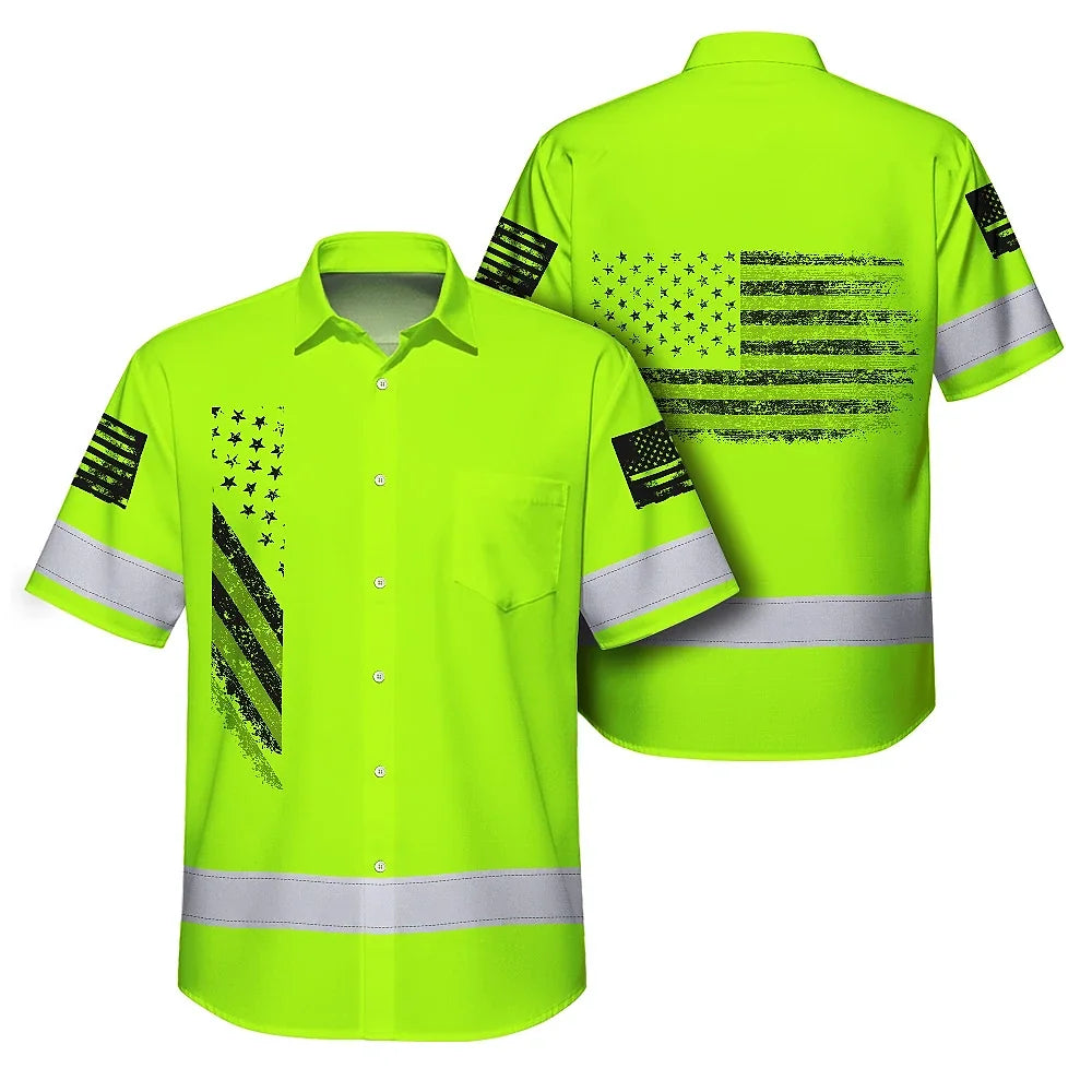 Hi Vis Hawaiian Shirt Reflective Lime USA Flag Safety Workwear For Workers, Truckers, Operators