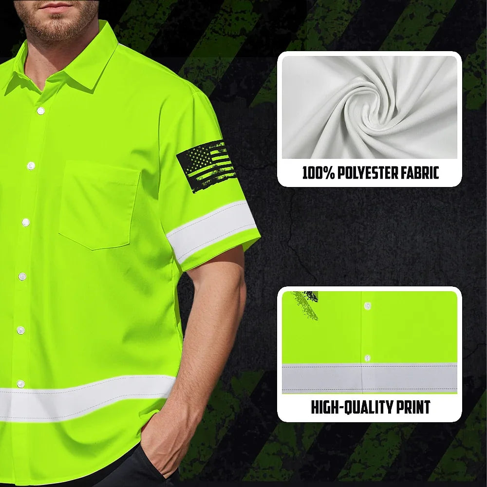 Hi Vis Hawaiian Shirt Reflective Lime USA Flag Safety Workwear For Workers, Truckers, Operators