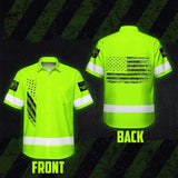 Hi Vis Hawaiian Shirt Reflective Lime USA Flag Safety Workwear For Workers, Truckers, Operators