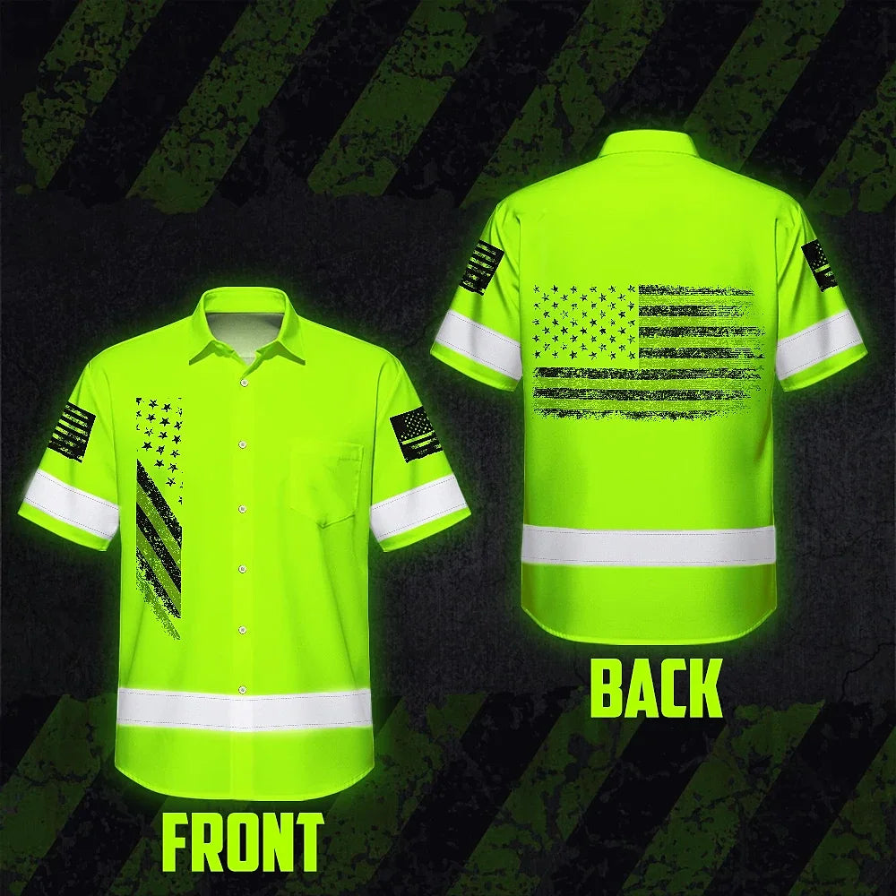 Hi Vis Hawaiian Shirt Reflective Lime USA Flag Safety Workwear For Workers, Truckers, Operators