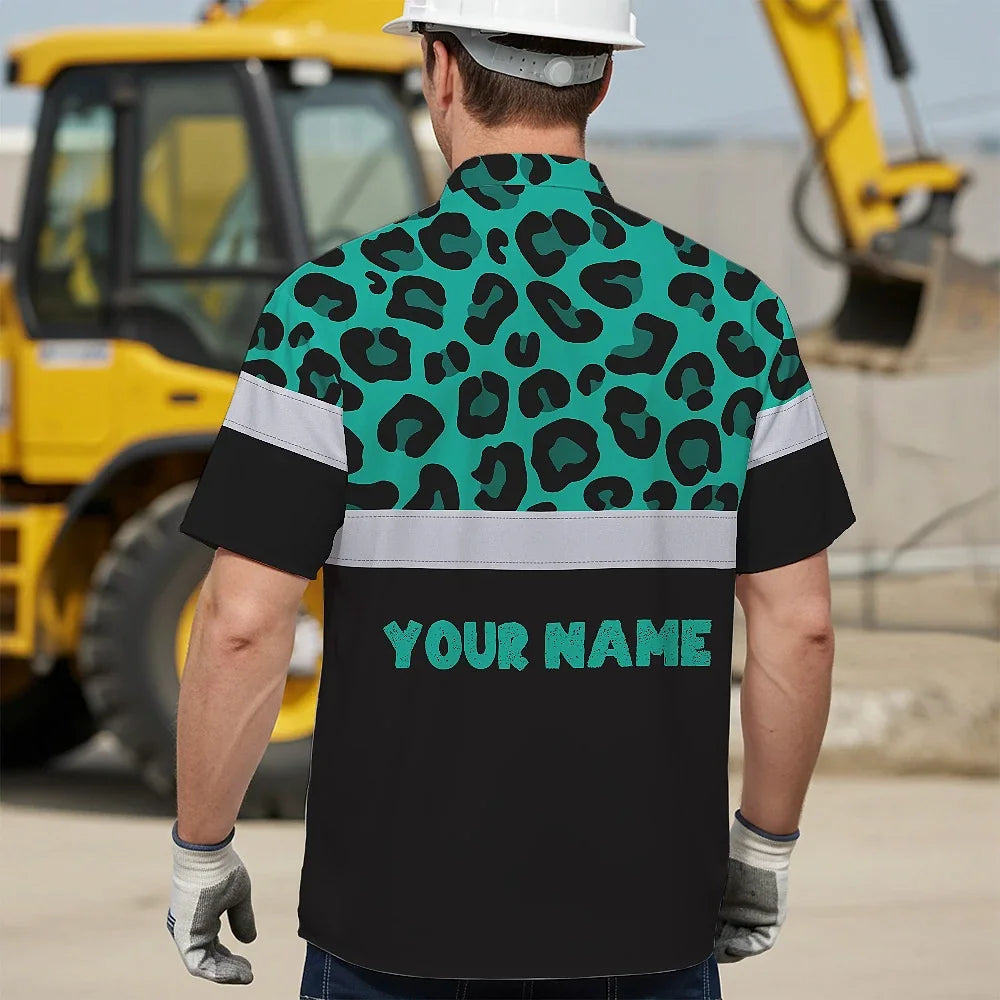 Hi Vis Hawaiian Shirt Reflective Mint Leopard Custom Name Safety Workwear For Workers, Truckers, Operators