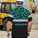Hi Vis Hawaiian Shirt Reflective Mint Leopard Custom Name Safety Workwear For Workers, Truckers, Operators