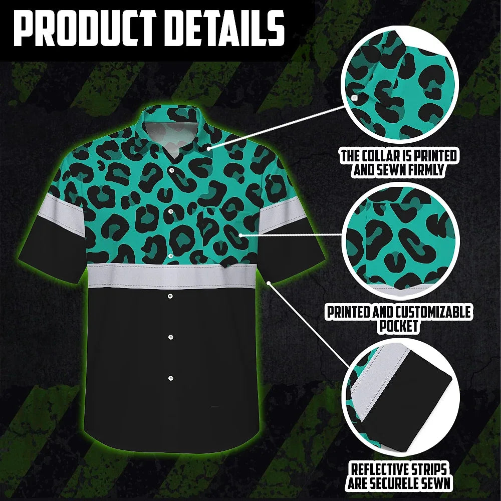 Hi Vis Hawaiian Shirt Reflective Mint Leopard Custom Name Safety Workwear For Workers, Truckers, Operators
