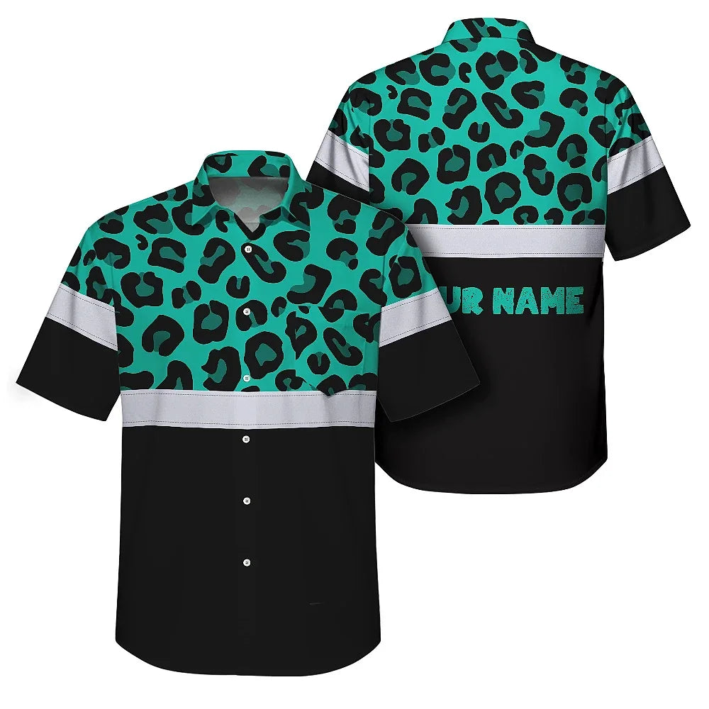 Hi Vis Hawaiian Shirt Reflective Mint Leopard Custom Name Safety Workwear For Workers, Truckers, Operators