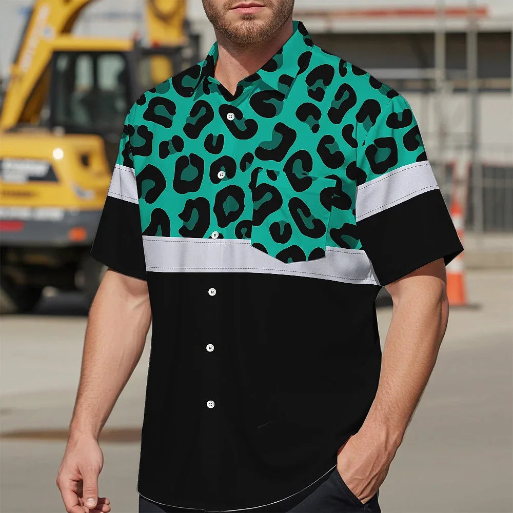 Hi Vis Hawaiian Shirt Reflective Mint Leopard Custom Name Safety Workwear For Workers, Truckers, Operators