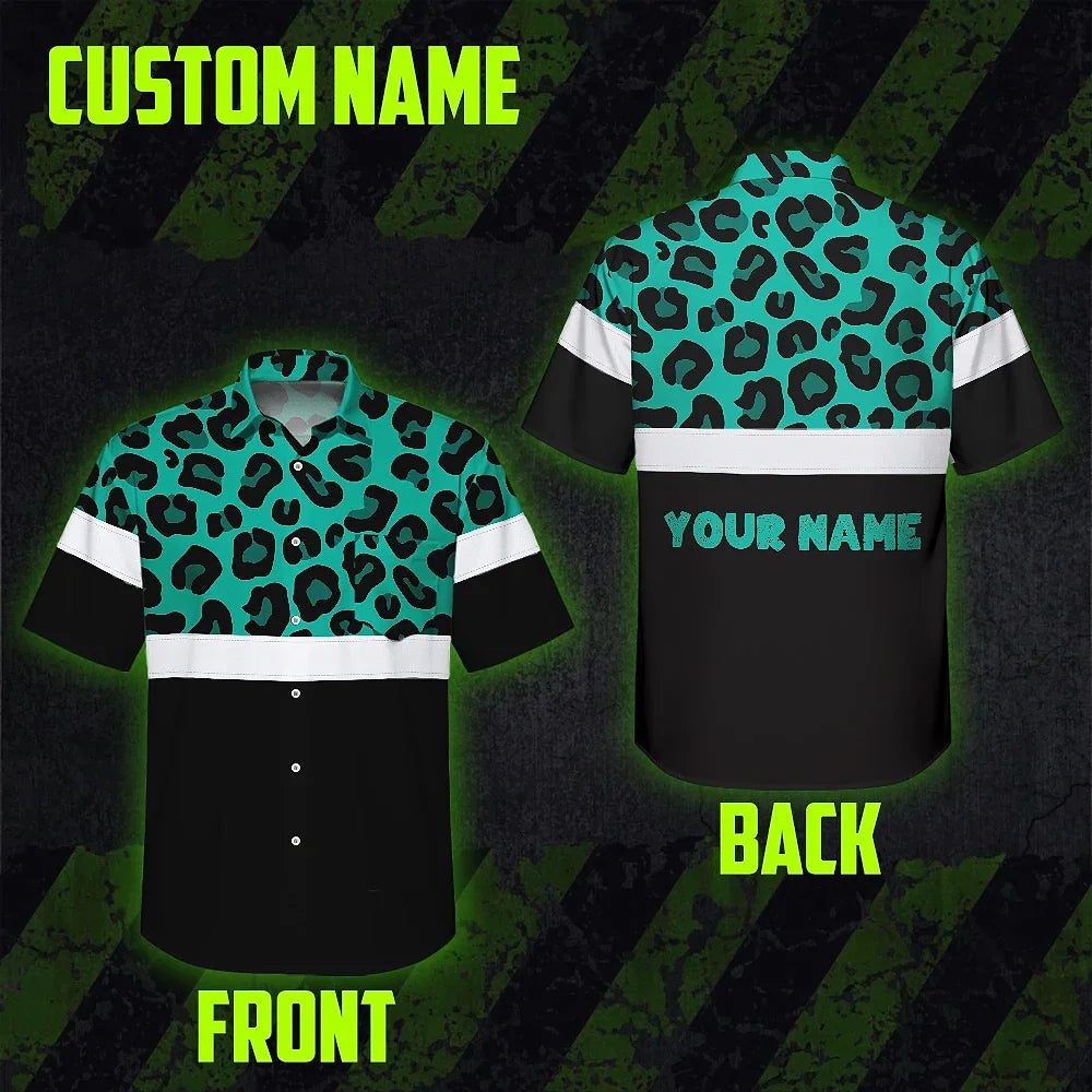 Hi Vis Hawaiian Shirt Reflective Mint Leopard Custom Name Safety Workwear For Workers, Truckers, Operators