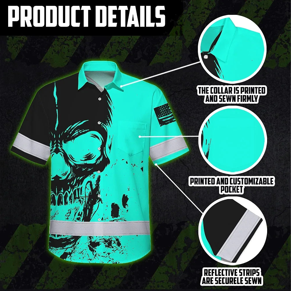 Hi Vis Hawaiian Shirt Reflective Mint Neon Skull Custom Name Safety Workwear For Runners, Cyclists, Skull Lover