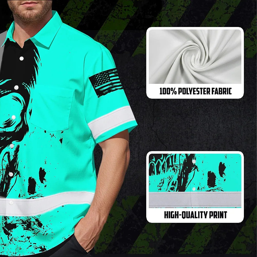 Hi Vis Hawaiian Shirt Reflective Mint Neon Skull Custom Name Safety Workwear For Runners, Cyclists, Skull Lover