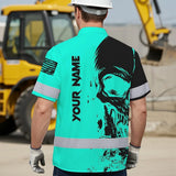 Hi Vis Hawaiian Shirt Reflective Mint Neon Skull Custom Name Safety Workwear For Runners, Cyclists, Skull Lover