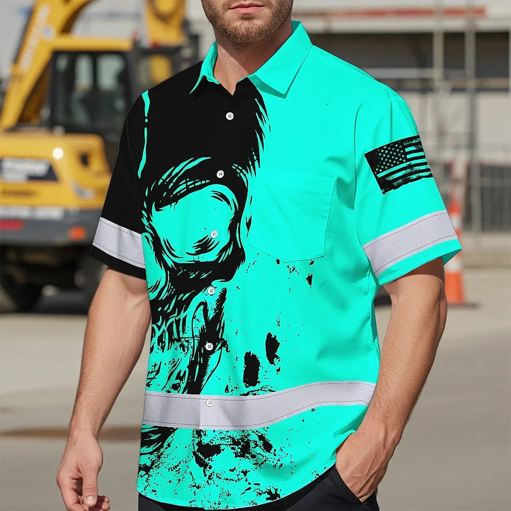 Hi Vis Hawaiian Shirt Reflective Mint Neon Skull Custom Name Safety Workwear For Runners, Cyclists, Skull Lover