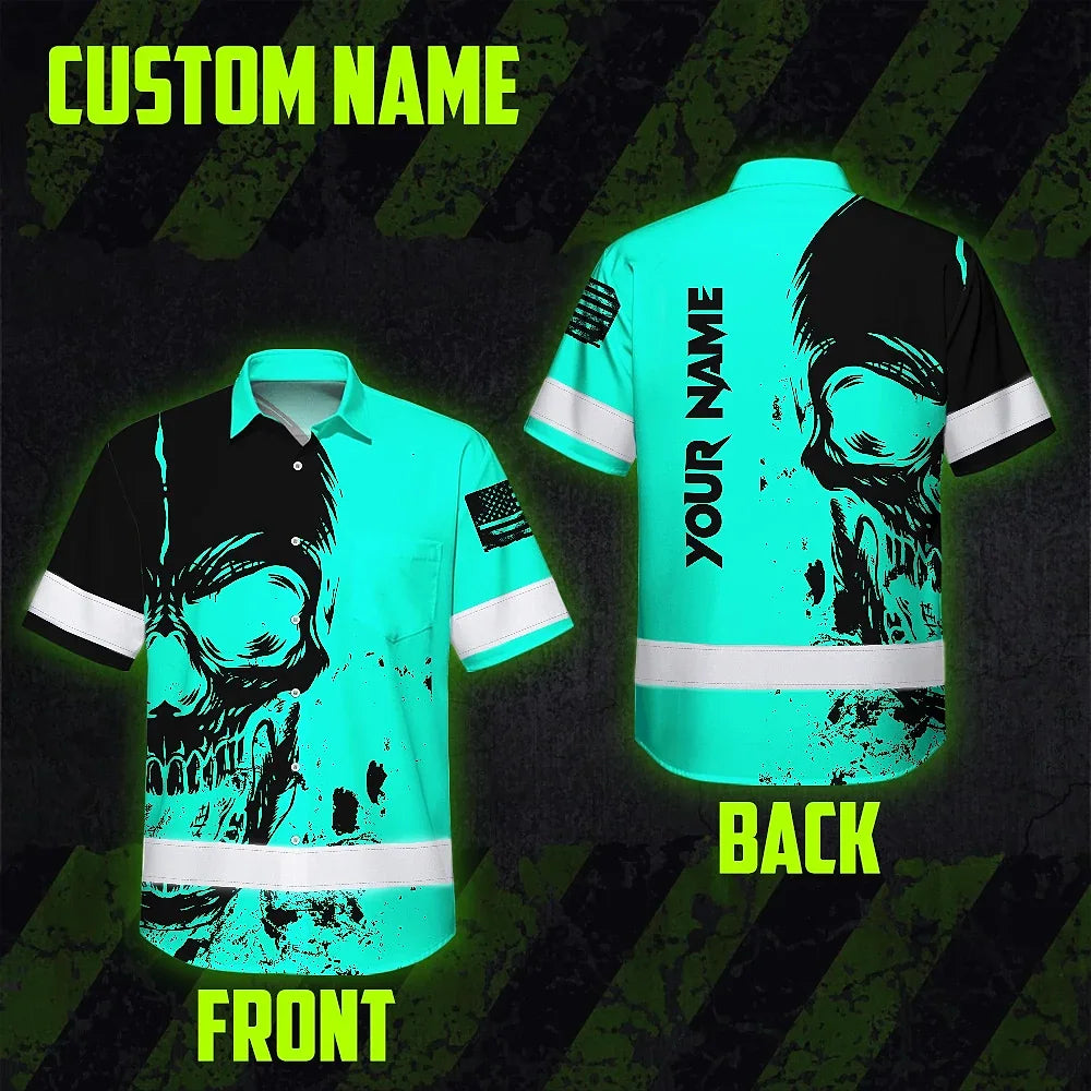 Hi Vis Hawaiian Shirt Reflective Mint Neon Skull Custom Name Safety Workwear For Runners, Cyclists, Skull Lover