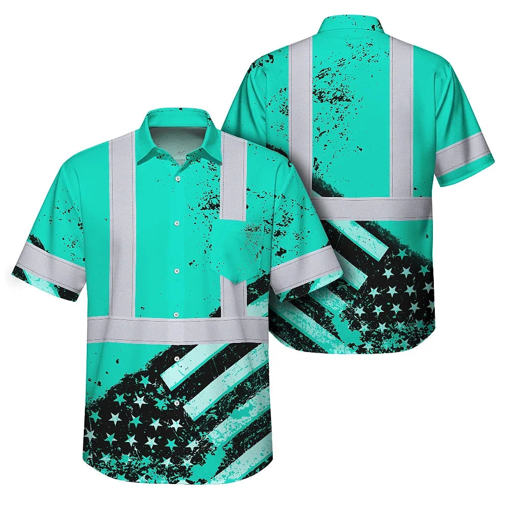 Hi Vis Hawaiian Shirt Reflective Mint US Flag Paint Safety Workwear