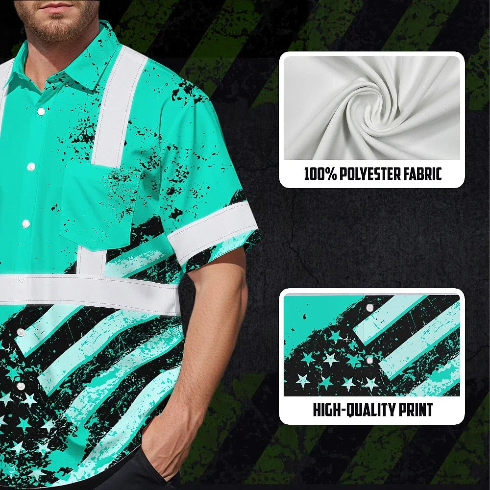 Hi Vis Hawaiian Shirt Reflective Mint US Flag Paint Safety Workwear