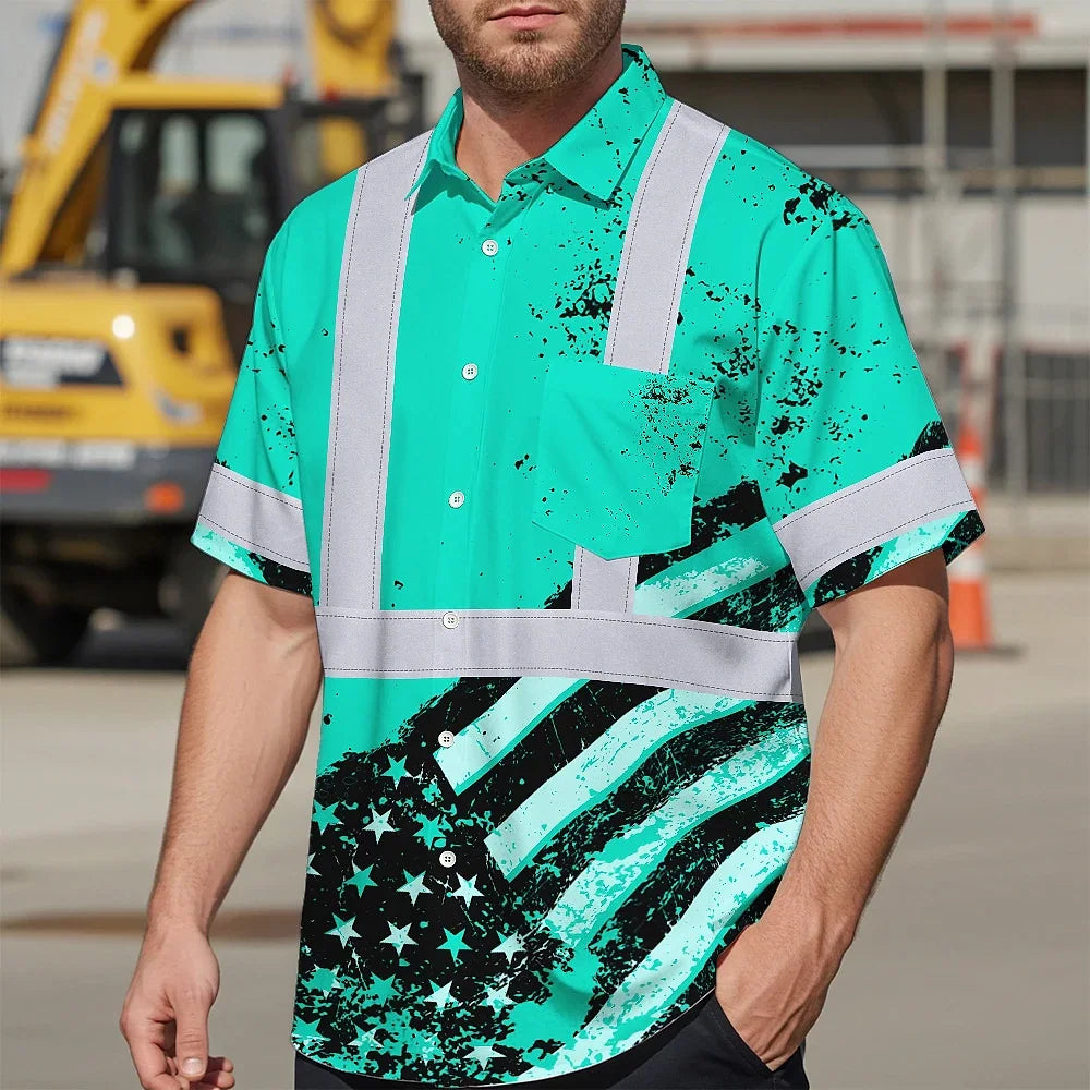 Hi Vis Hawaiian Shirt Reflective Mint US Flag Paint Safety Workwear