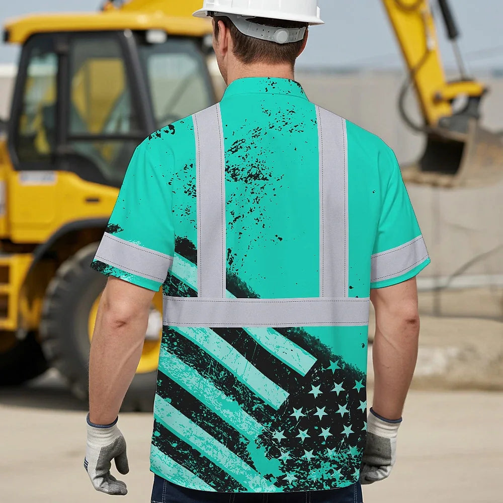 Hi Vis Hawaiian Shirt Reflective Mint US Flag Paint Safety Workwear