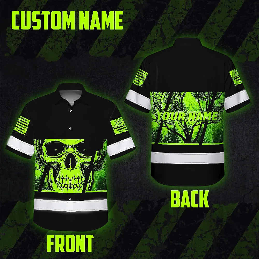 Hi Vis Hawaiian Shirt Reflective Neon Skull Custom Name Safety Workwear