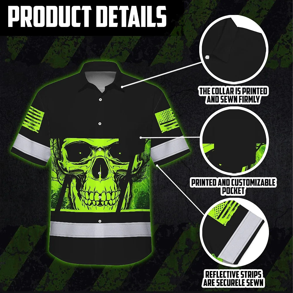 Hi Vis Hawaiian Shirt Reflective Neon Skull Custom Name Safety Workwear