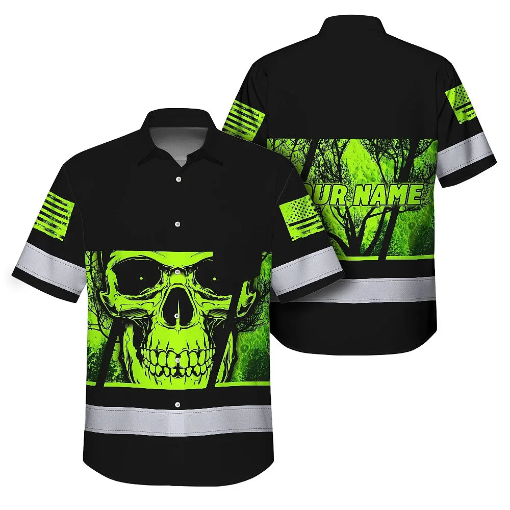 Hi Vis Hawaiian Shirt Reflective Neon Skull Custom Name Safety Workwear