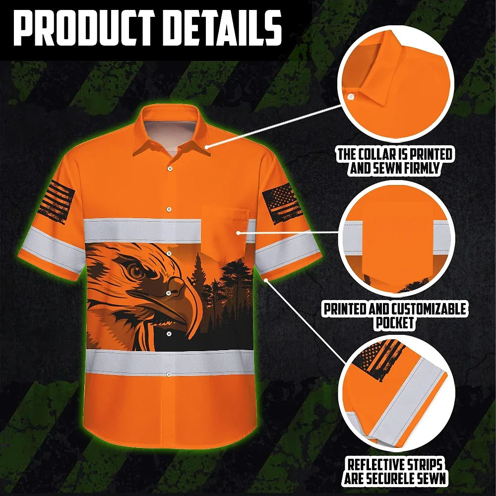 Hi Vis Hawaiian Shirt Reflective Orange Eagle USA Flag Custom Name Safety