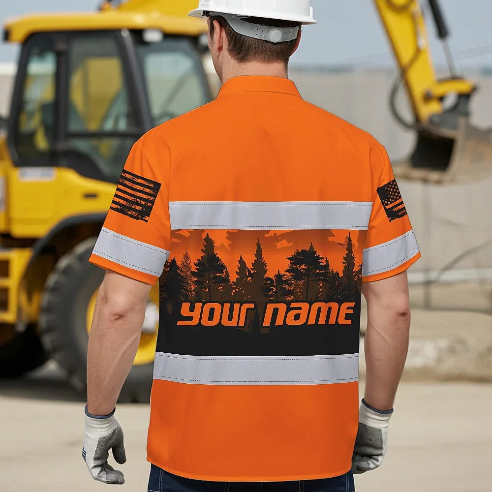 Hi Vis Hawaiian Shirt Reflective Orange Eagle USA Flag Custom Name Safety