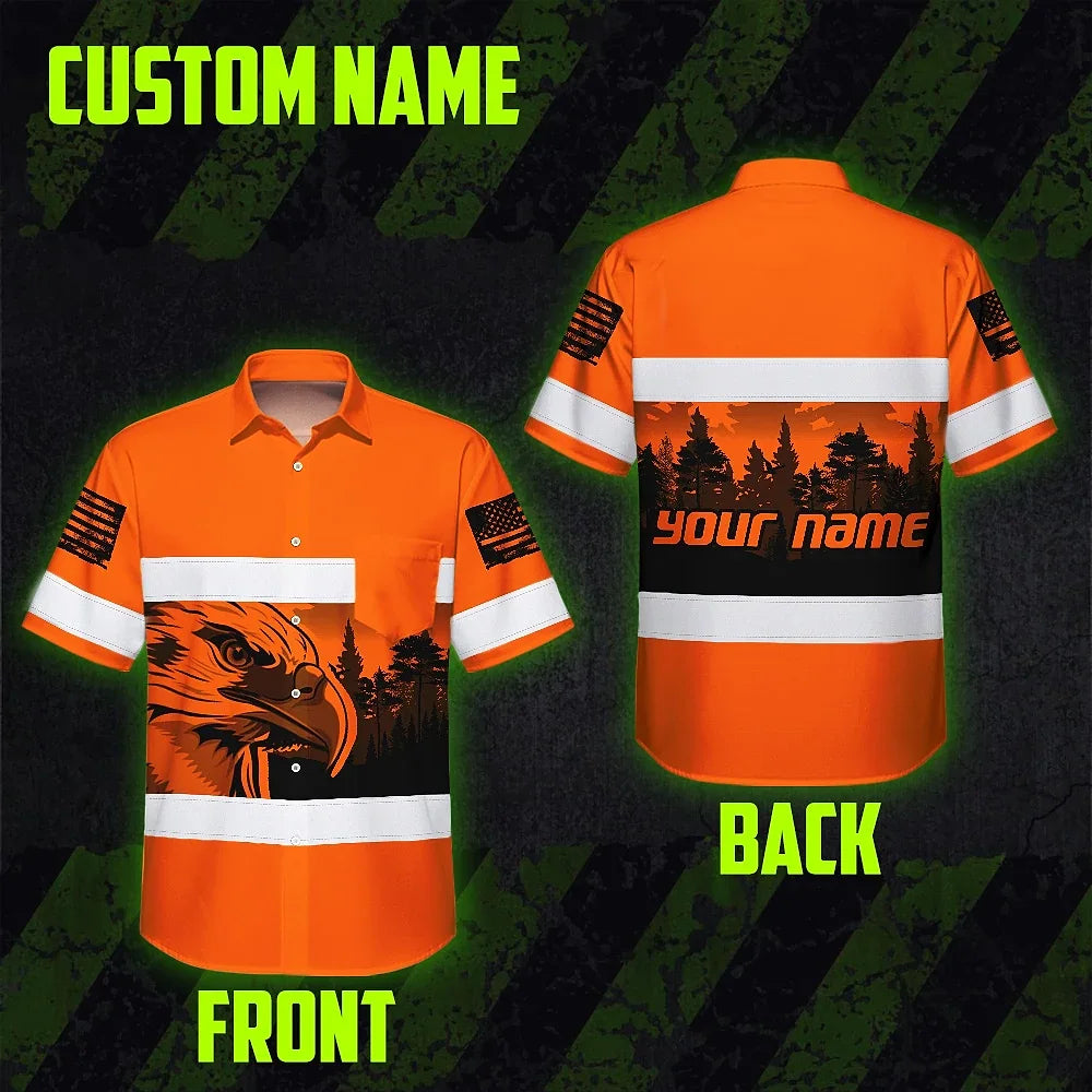 Hi Vis Hawaiian Shirt Reflective Orange Eagle USA Flag Custom Name Safety