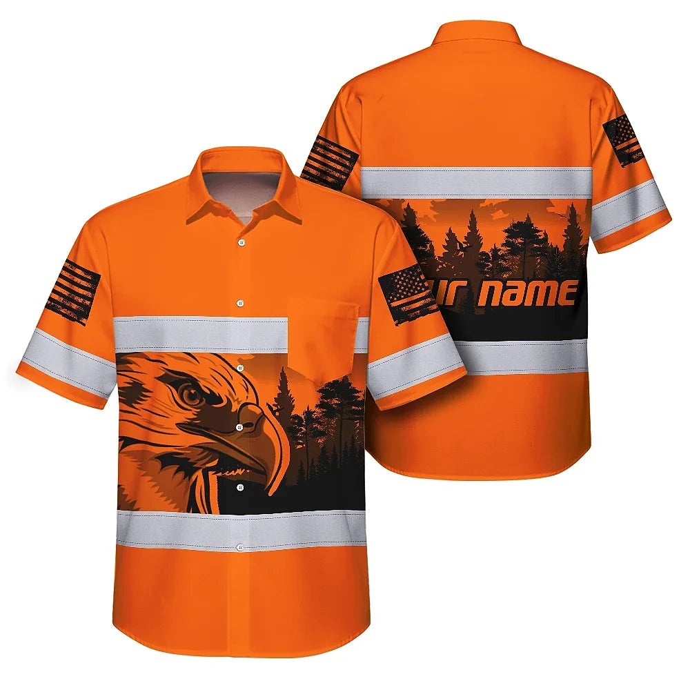Hi Vis Hawaiian Shirt Reflective Orange Eagle USA Flag Custom Name Safety