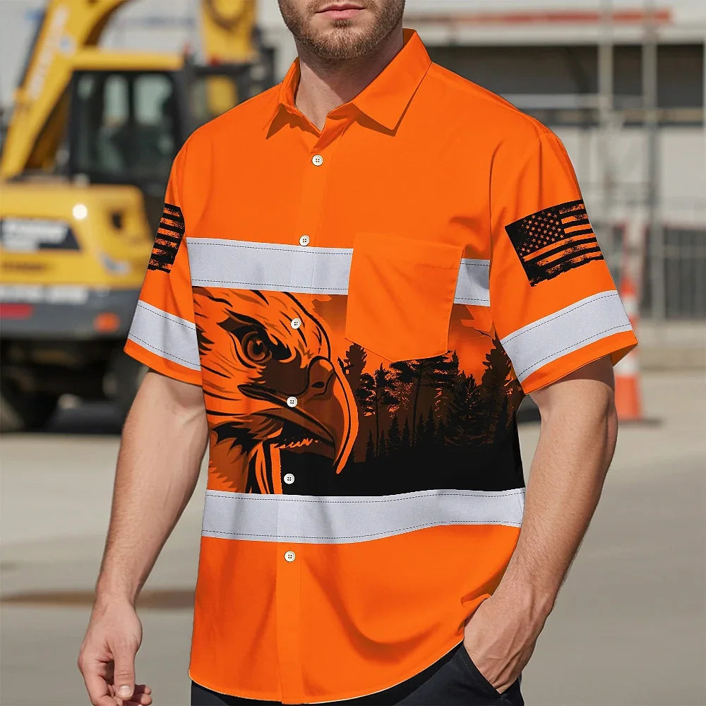 Hi Vis Hawaiian Shirt Reflective Orange Eagle USA Flag Custom Name Safety
