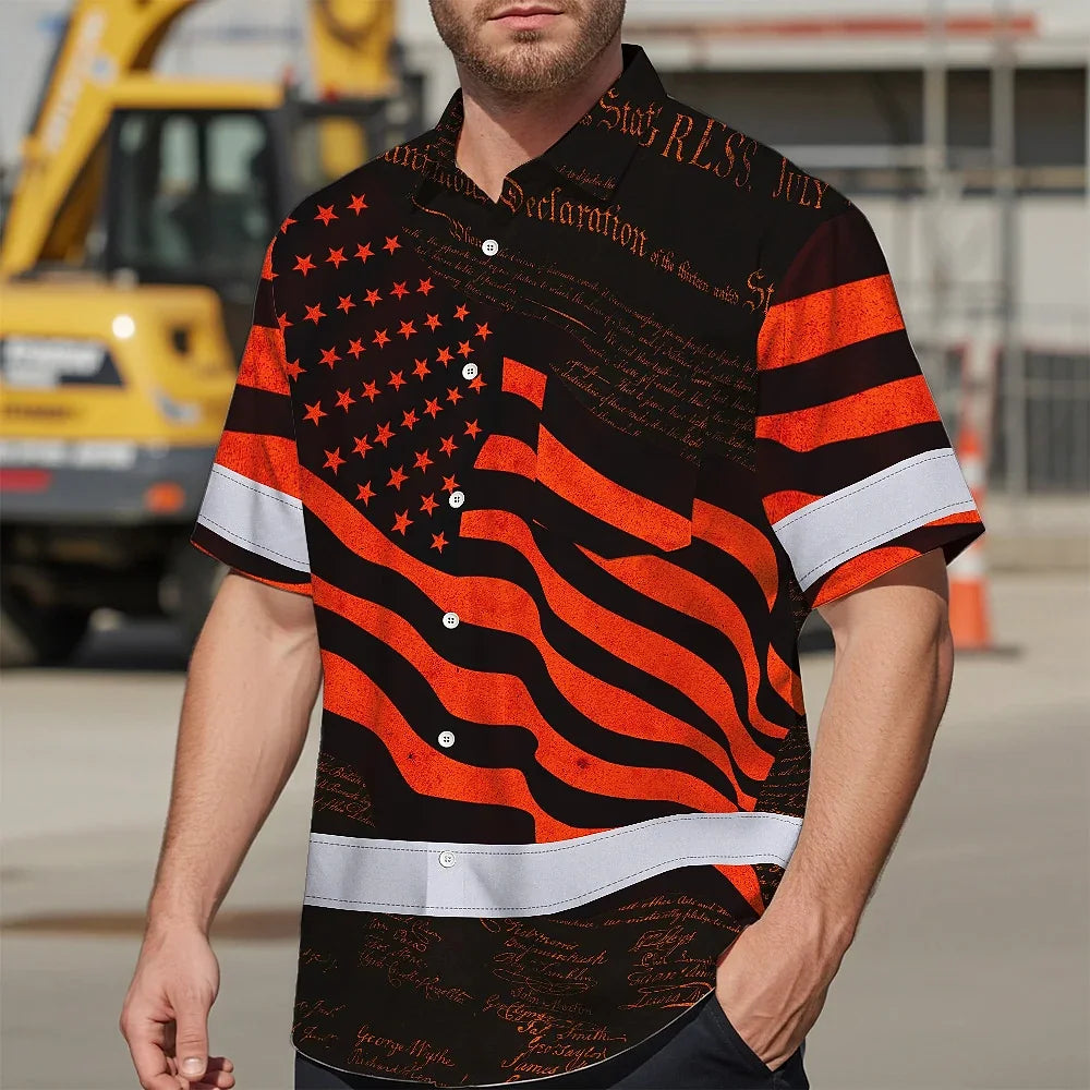 Hi Vis Hawaiian Shirt Reflective Orange Neon Independence USA Flag