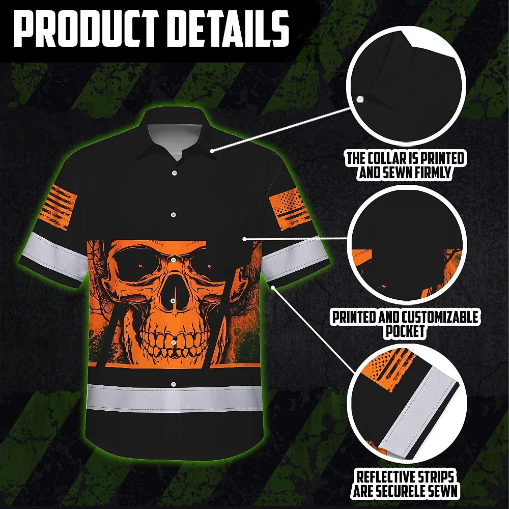 Hi Vis Hawaiian Shirt Reflective Orange Skull Custom Name Safety Workwear