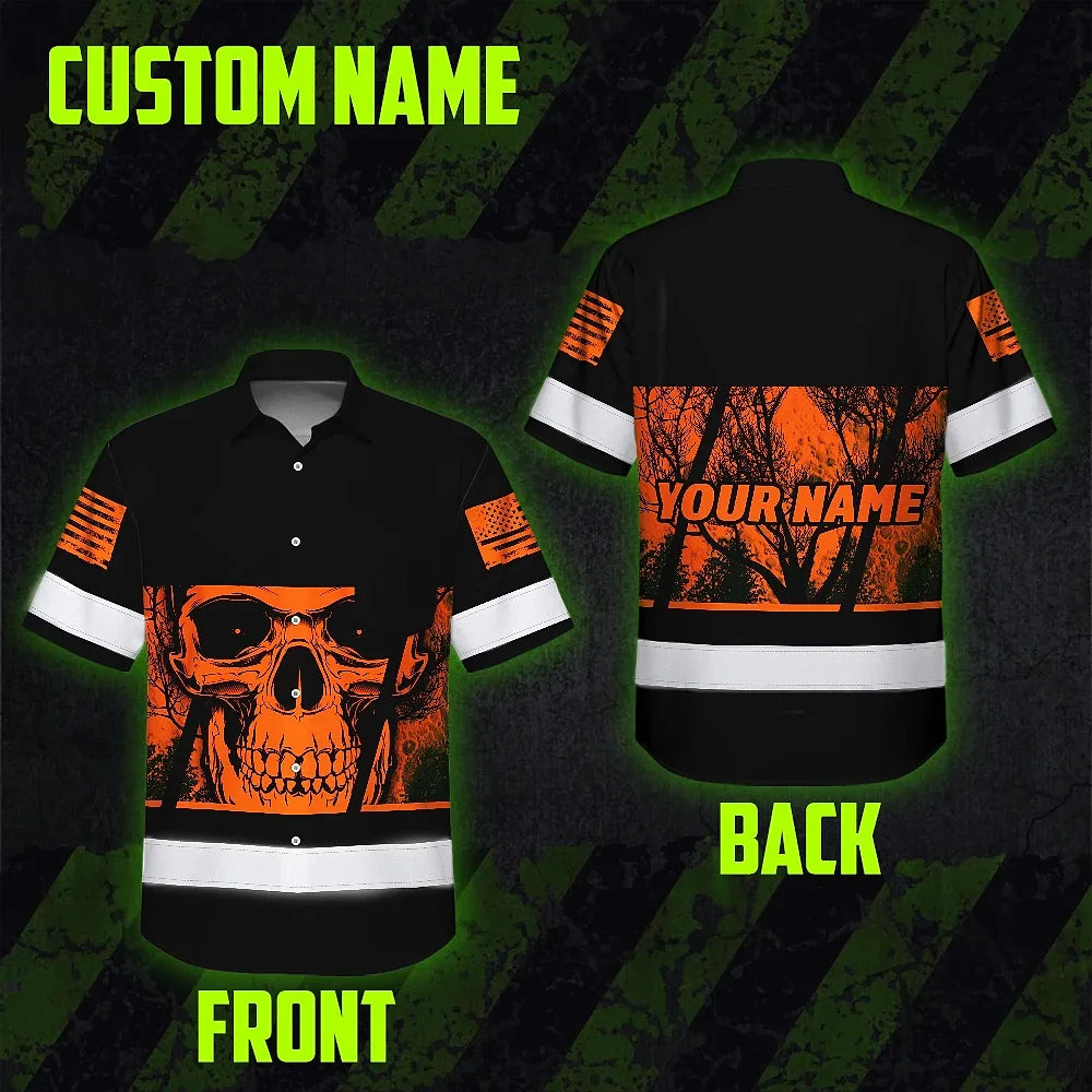 Hi Vis Hawaiian Shirt Reflective Orange Skull Custom Name Safety Workwear