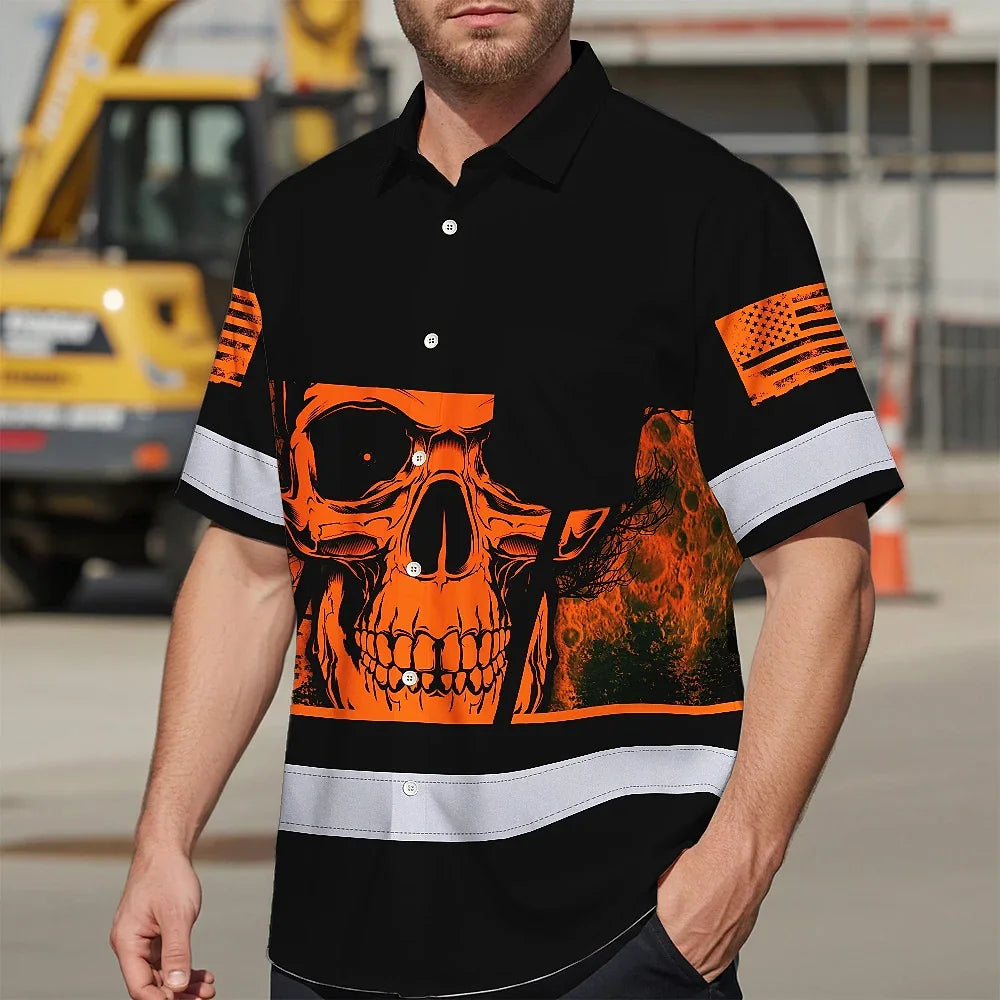 Hi Vis Hawaiian Shirt Reflective Orange Skull Custom Name Safety Workwear