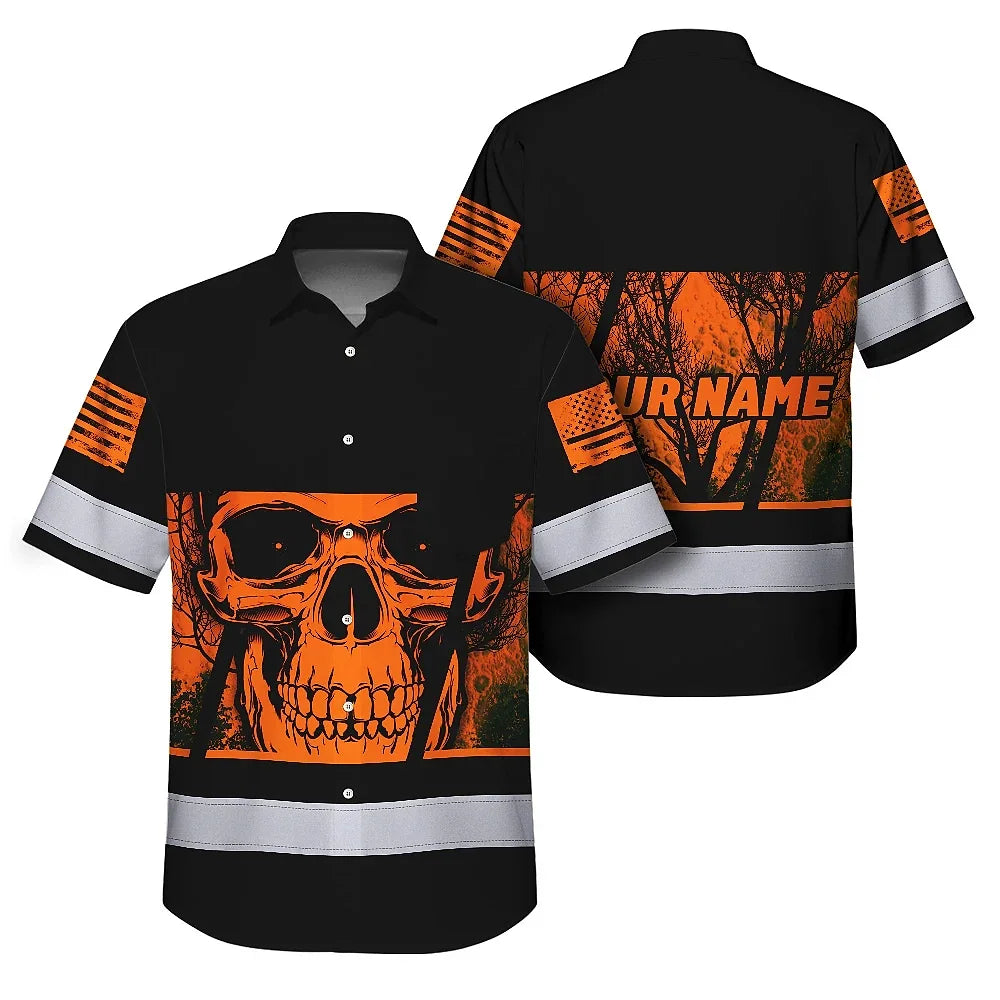 Hi Vis Hawaiian Shirt Reflective Orange Skull Custom Name Safety Workwear